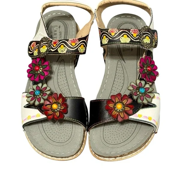 L'ARTISTE Nadira Genuine Leather Floral Embellished Strappy Comfortable Sandal - Picture 2 of 13